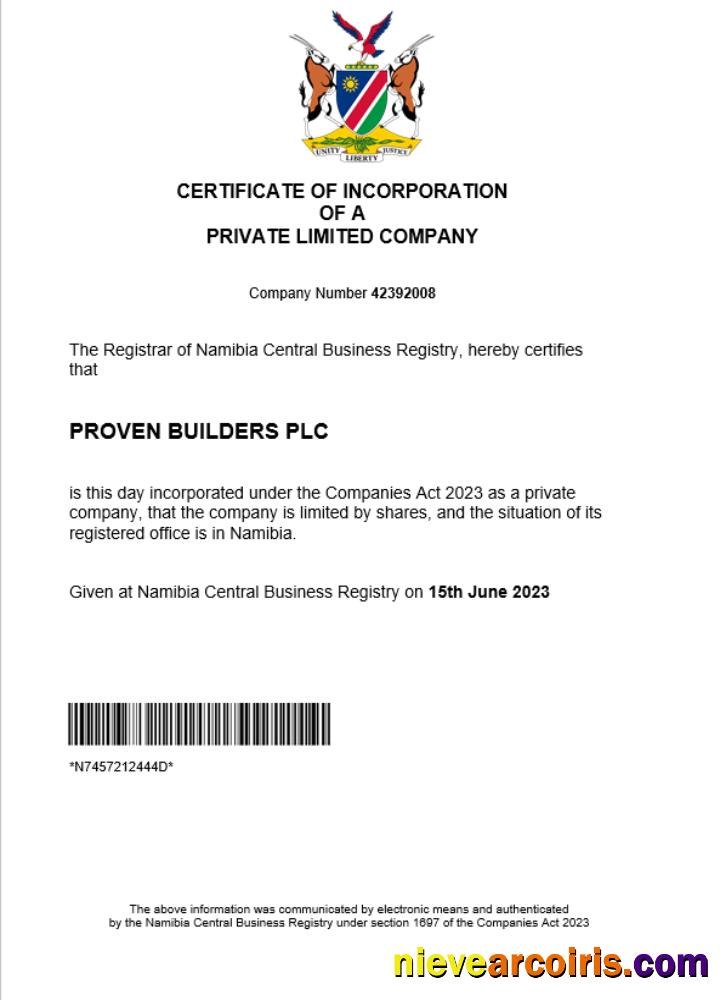 Namibia company registration certificate